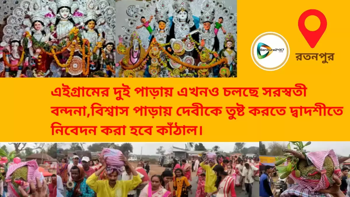 এইগ্রামের দুই পাড়ায় এখনও চলছে সরস্বতী বন্দনা,বিশ্বাস পাড়ায় দেবীকে তুষ্ট করতে দ্বাদশীতে নিবেদন করা হবে কাঁঠাল। এইগ্রামের দুই পাড়ায় এখনও চলছে সরস্বতী বন্দনা,বিশ্বাস পাড়ায় দেবীকে তুষ্ট করতে দ্বাদশীতে নিবেদন করা হবে কাঁঠাল।