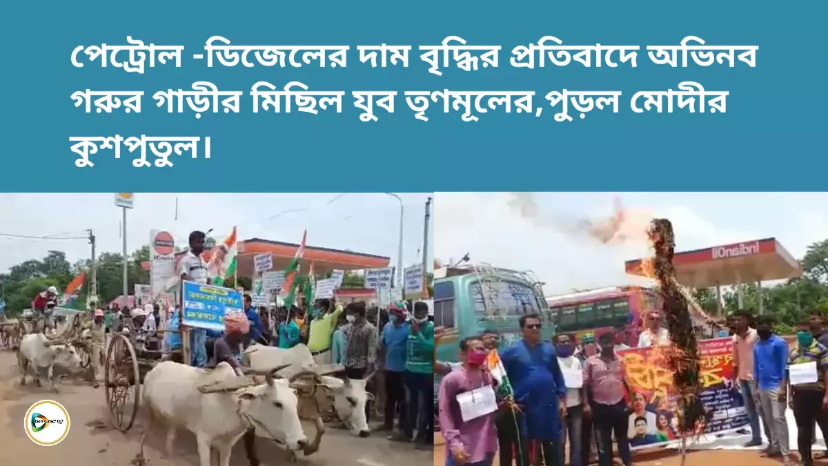 পেট্রোল -ডিজেলের দাম বৃদ্ধির প্রতিবাদে অভিনব গরুর গাড়ীর মিছিল যুব তৃণমূলের,পুড়ল মোদীর কুশপুতুল। পেট্রোল -ডিজেলের দাম বৃদ্ধির প্রতিবাদে অভিনব গরুর গাড়ীর মিছিল যুব তৃণমূলের,পুড়ল মোদীর কুশপুতুল।