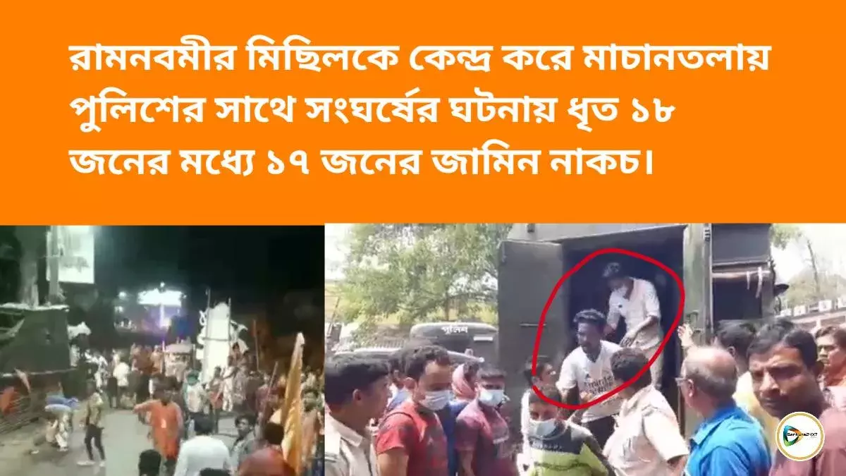 রামনবমীর মিছিলকে কেন্দ্র করে মাচানতলায় পুলিশের সাথে সংঘর্ষের ঘটনায় ধৃত ১৮ জনের মধ্যে ১৭ জনের জামিন নাকচ। রামনবমীর মিছিলকে কেন্দ্র করে মাচানতলায় পুলিশের সাথে সংঘর্ষের ঘটনায় ধৃত ১৮ জনের মধ্যে ১৭ জনের জামিন নাকচ।