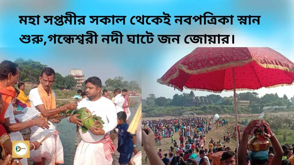 মহা সপ্তমীর সকাল থেকেই নবপত্রিকা স্নান শুরু,গন্ধেশ্বরী নদী ঘাটে জন জোয়ার।