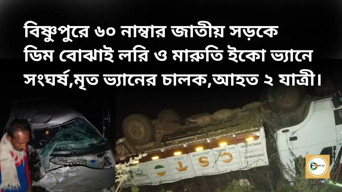 বিষ্ণুপুরে ৬০ নাম্বার জাতীয় সড়কে ডিম বোঝাই লরি ও মারুতি ইকো ভ্যানে সংঘর্ষ,মৃত ভ্যানের চালক,আহত ২ যাত্রী। বিষ্ণুপুরে ৬০ নাম্বার জাতীয় সড়কে ডিম বোঝাই লরি ও মারুতি ইকো ভ্যানে সংঘর্ষ,মৃত ভ্যানের চালক,আহত ২ যাত্রী।