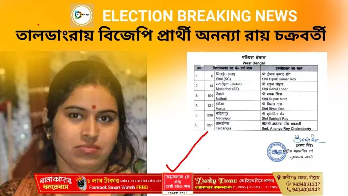 তালডাংরায় বিজেপির প্রার্থী অনন্যা রায় চক্রবর্তী। তালডাংরায় বিজেপির প্রার্থী অনন্যা রায় চক্রবর্তী।