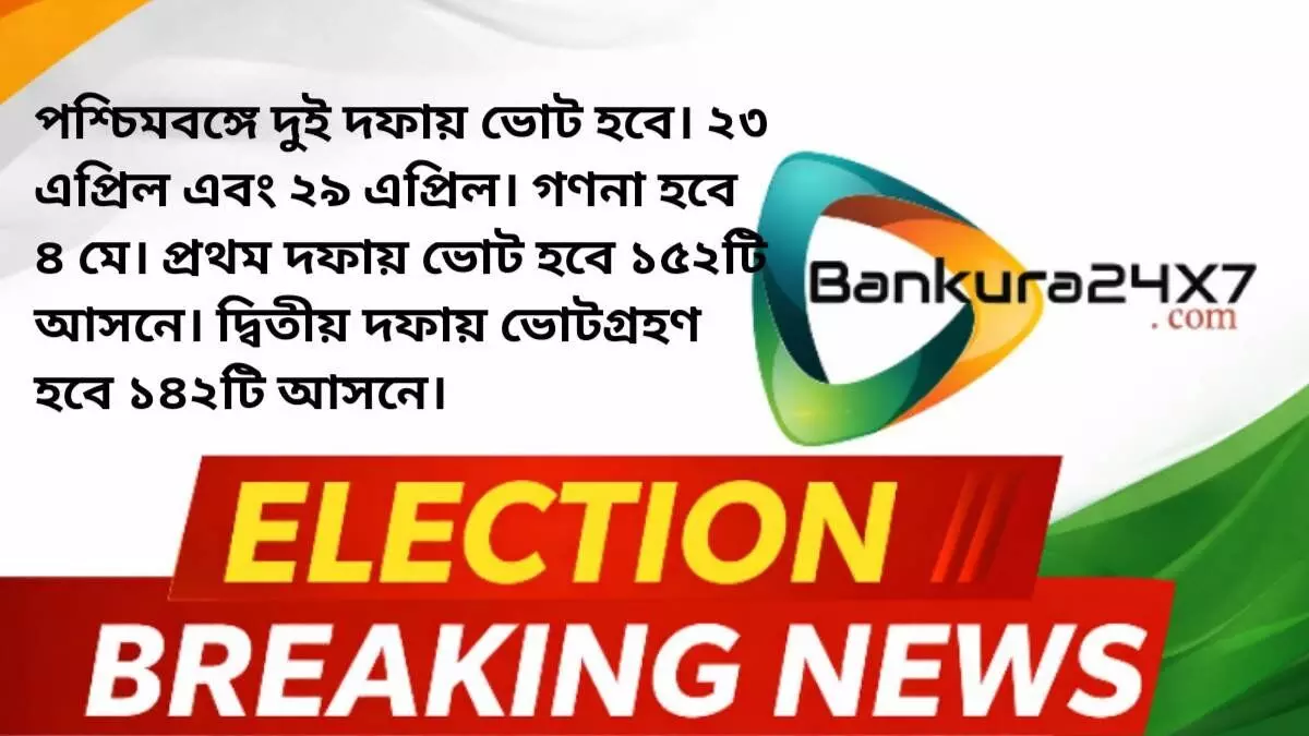 পশ্চিমবঙ্গে দুই দফায় ভোট হবে। ২৩ এপ্রিল এবং ২৯ এপ্রিল। গণনা হবে ৪ মে। প্রথম দফায় ভোট হবে ১৫২টি আসনে। দ্বিতীয় দফায় ভোটগ্রহণ হবে ১৪২টি আসনে। পশ্চিমবঙ্গে দুই দফায় ভোট হবে। ২৩ এপ্রিল এবং ২৯ এপ্রিল। গণনা হবে ৪ মে। প্রথম দফায় ভোট হবে ১৫২টি আসনে। দ্বিতীয় দফায় ভোটগ্রহণ হবে ১৪২টি আসনে।