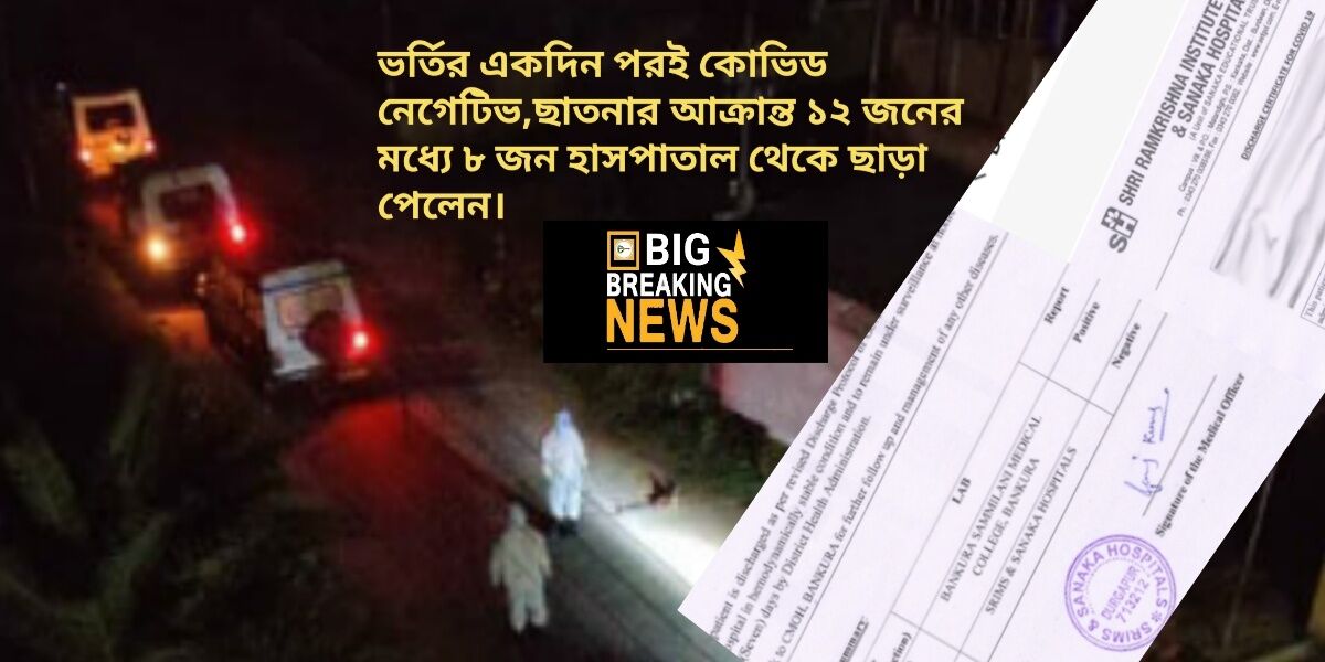 ভর্তির একদিন পরই কোভিড নেগেটিভ,ছাতনার আক্রান্ত ১২ জনের মধ্যে ৮ জন হাসপাতাল থেকে ছাড়া পেলেন। ভর্তির একদিন পরই কোভিড নেগেটিভ,ছাতনার আক্রান্ত ১২ জনের মধ্যে ৮ জন হাসপাতাল থেকে ছাড়া পেলেন।