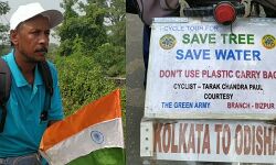 পুরী থেকে ফেরার পথে জেলার জঙ্গলমহল থেকে সদর শহরে সাইকেলে চড়ে গাছ লাগানোর বার্তা তারকের।