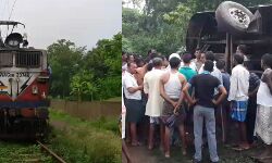 প্রহরী বিহীন লেভেল ক্রসিংয়ে আটকে পড়া বাসে মালগাড়ীর ধাক্কা,প্রতিবাদে মালগাড়ী আটকে বিক্ষোভ গ্রামবাসীদের।